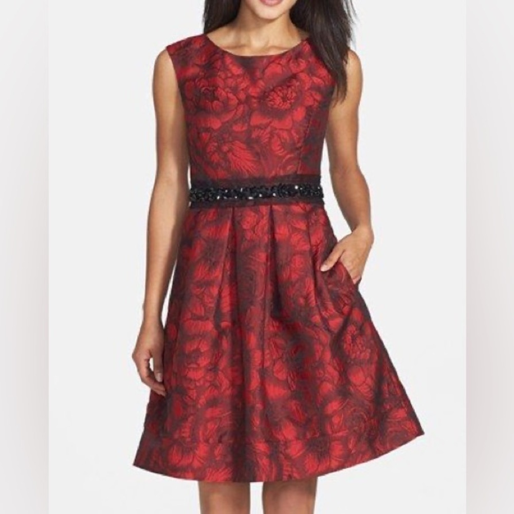 Eliza J Red Rose Floral Brocade Holiday Beaded Midi Dress Fit & Flare Size 10P